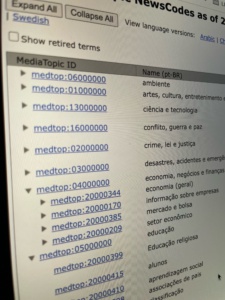A photo of a computer screen showing the IPTC Media Topics vocabulary tree browser.